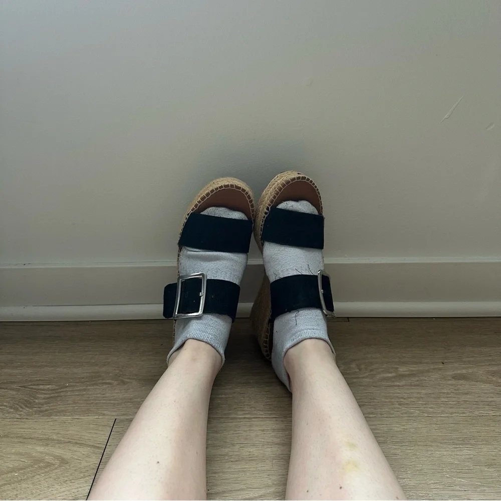 Franco Sarto Black Suede Espadrille Slide Sandals with Buckle